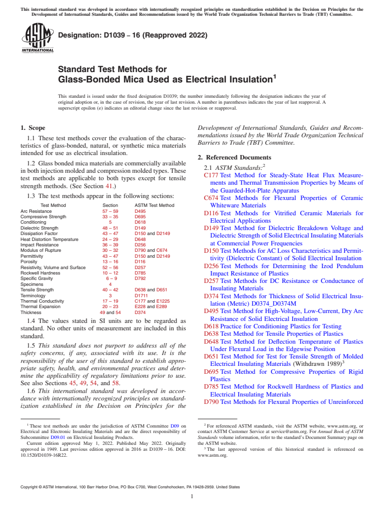 ASTM D1039-16(2022) - Standard Test Methods for  Glass-Bonded Mica Used as Electrical Insulation