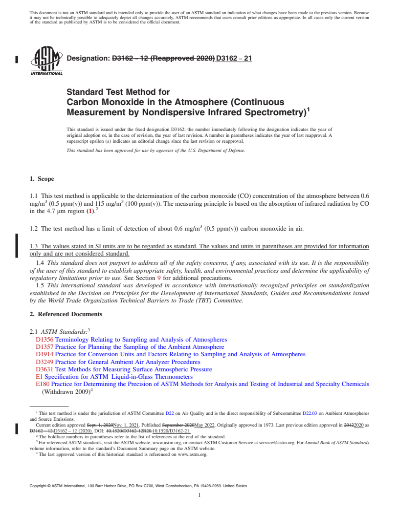 REDLINE ASTM D3162-21 - Standard Test Method for  Carbon Monoxide in the Atmosphere (Continuous Measurement by  Nondispersive Infrared Spectrometry)