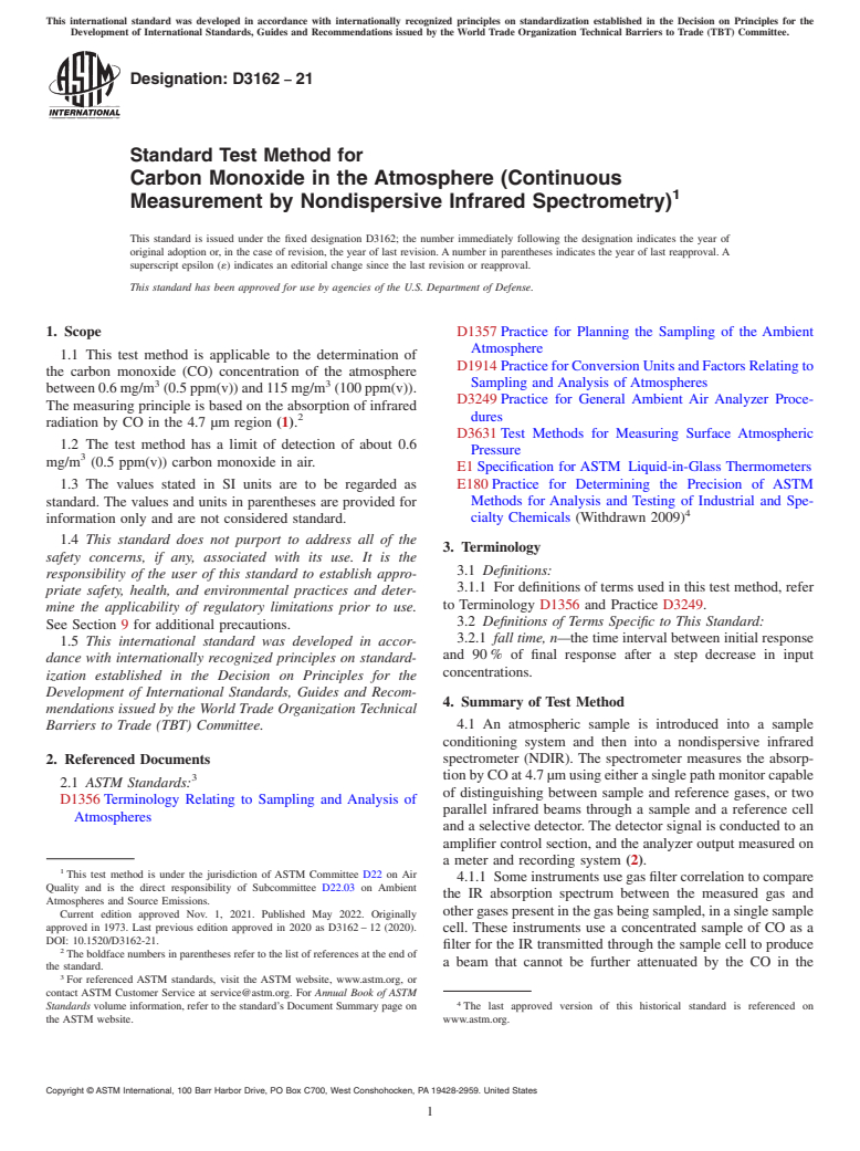 ASTM D3162-21 - Standard Test Method for  Carbon Monoxide in the Atmosphere (Continuous Measurement by  Nondispersive Infrared Spectrometry)