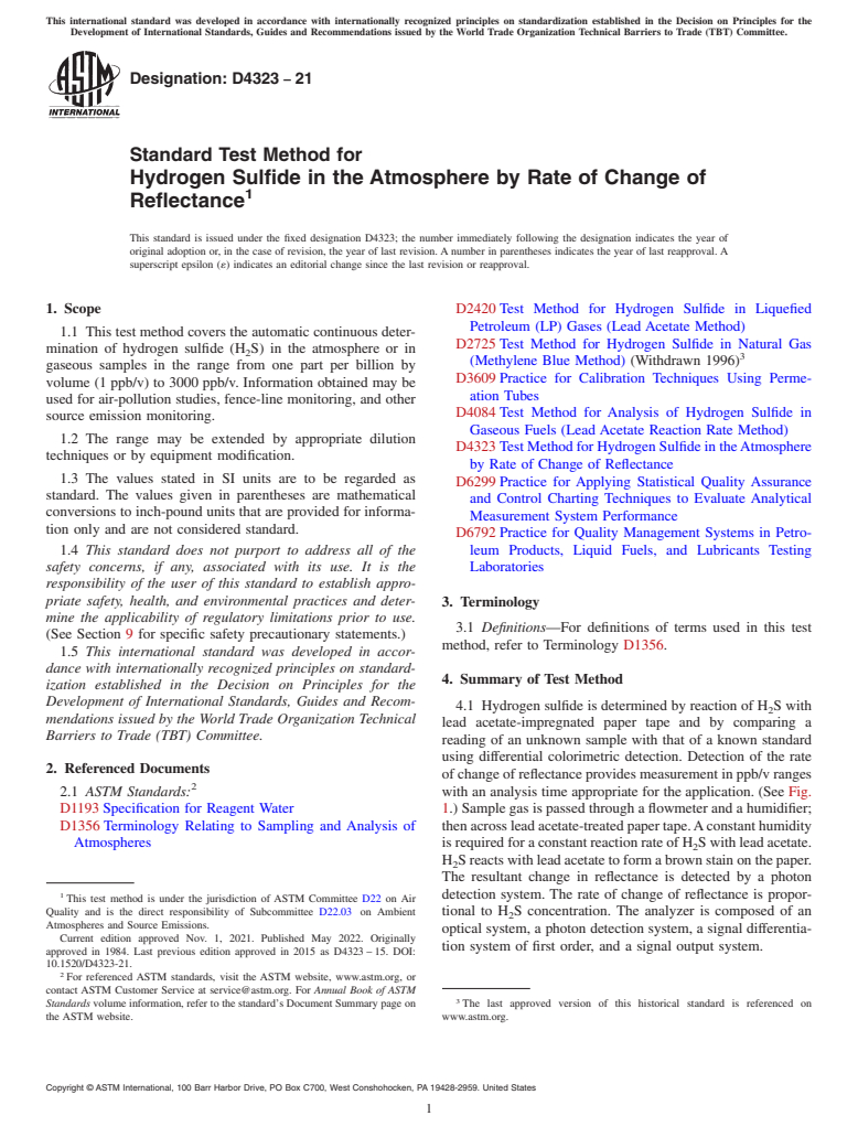 ASTM D4323-21 - Standard Test Method for  Hydrogen Sulfide in the Atmosphere by Rate of Change of Reflectance