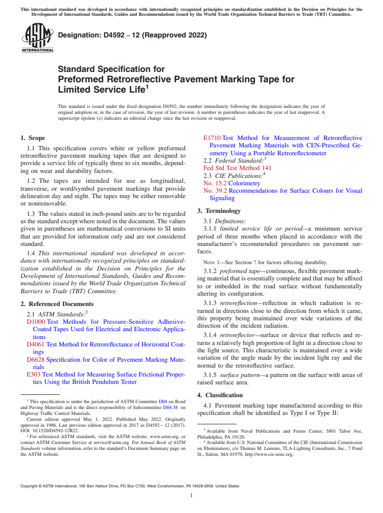 ASTM D4592-12(2022) - Standard Specification for Preformed Retroreflective Pavement Marking Tape for Limited  Service Life