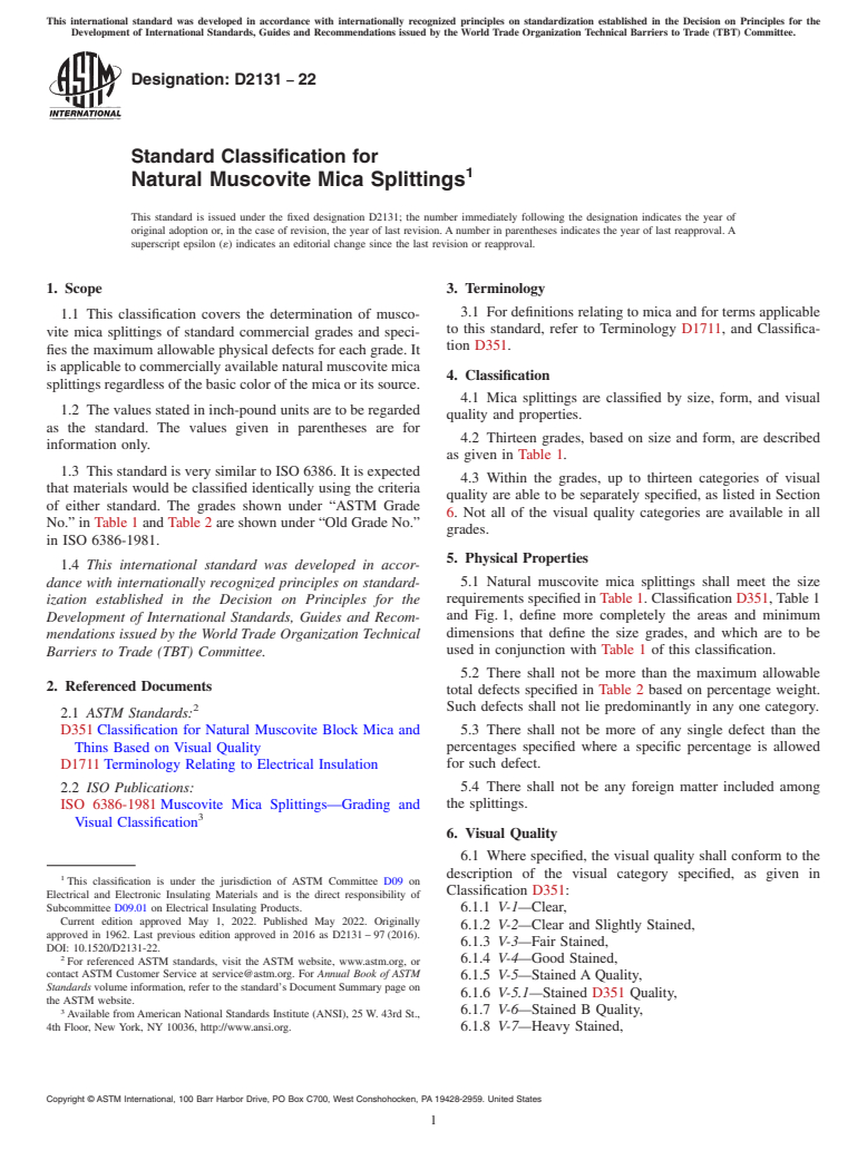 ASTM D2131-22 - Standard Classification for  Natural Muscovite Mica Splittings