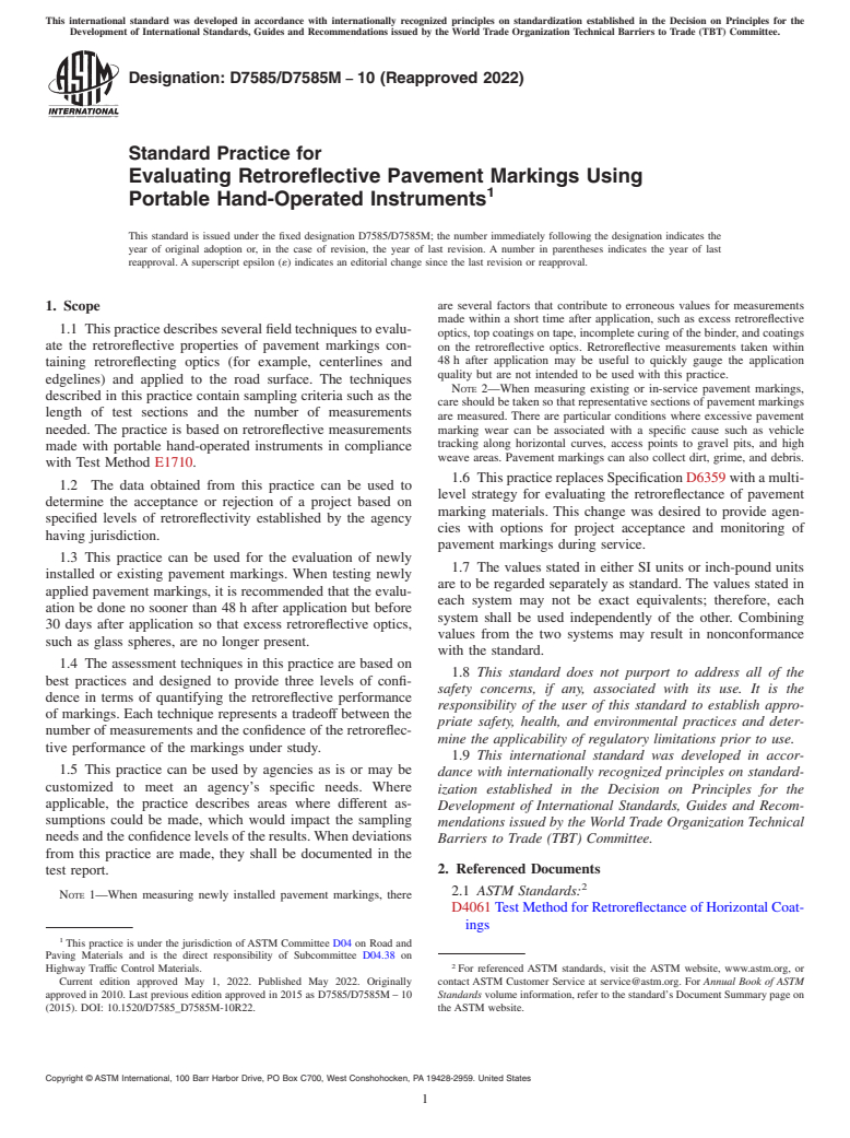 ASTM D7585/D7585M-10(2022) - Standard Practice for  Evaluating Retroreflective Pavement Markings Using Portable   Hand-Operated Instruments