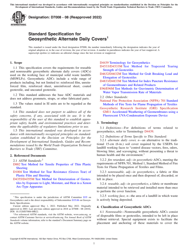 ASTM D7008-08(2022) - Standard Specification for  Geosynthetic Alternate Daily Covers