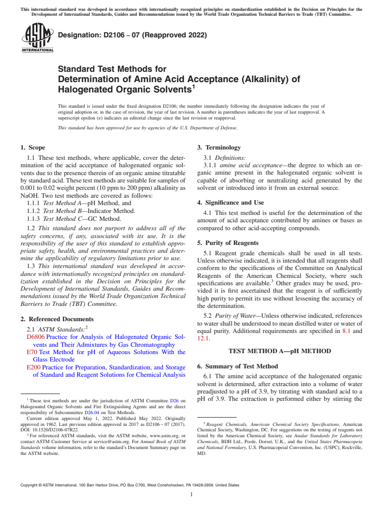 ASTM D2106-07(2022) - Standard Test Methods for Determination of Amine Acid Acceptance (Alkalinity) of Halogenated  Organic Solvents