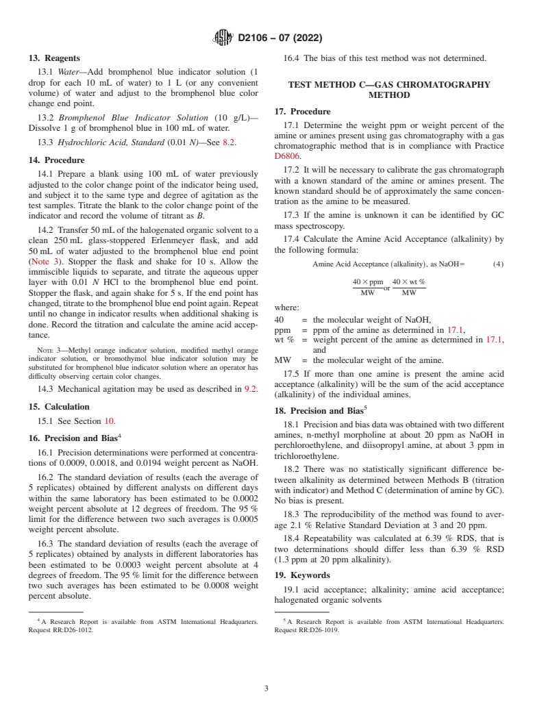 ASTM D2106-07(2022) - Standard Test Methods for Determination of Amine Acid Acceptance (Alkalinity) of Halogenated  Organic Solvents