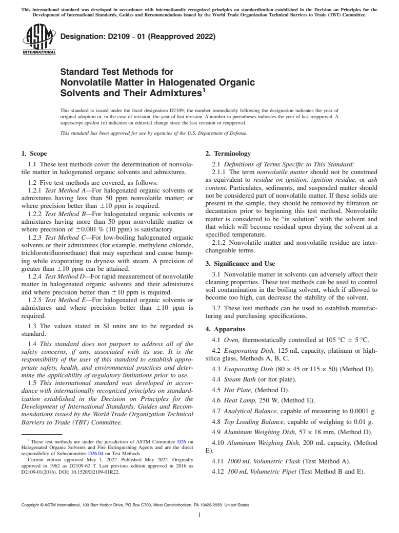 ASTM D2109-01(2022) - Standard Test Methods for Nonvolatile Matter in Halogenated Organic<brk/> Solvents and  Their Admixtures