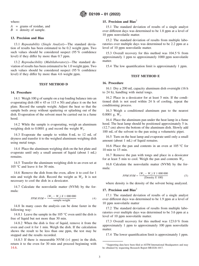 ASTM D2109-01(2022) - Standard Test Methods for Nonvolatile Matter in Halogenated Organic<brk/> Solvents and  Their Admixtures