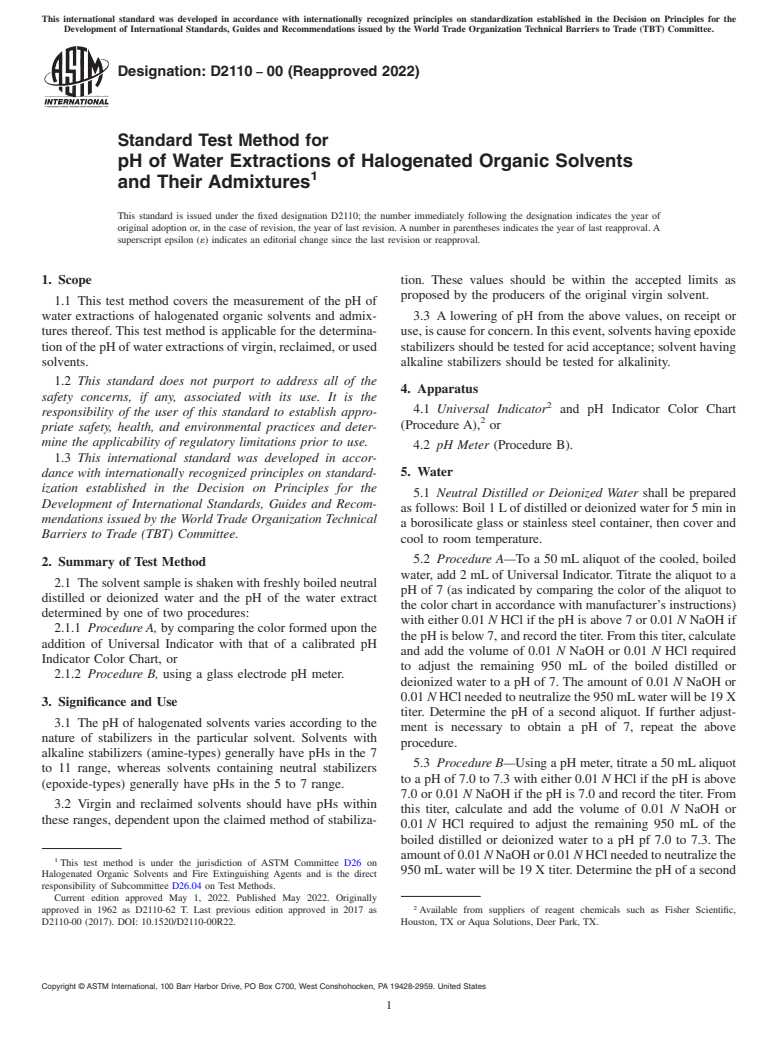 ASTM D2110-00(2022) - Standard Test Method for pH of Water Extractions of Halogenated Organic Solvents and  Their Admixtures