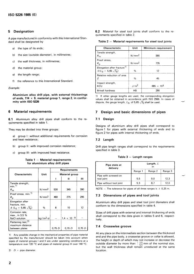 ISO 5226:1985 ISO 5226:1985 - Materials and equipment for petroleum and natural gas industries -- Aluminium alloy drill pipe for oil or natural gas wells - Page 4 preview