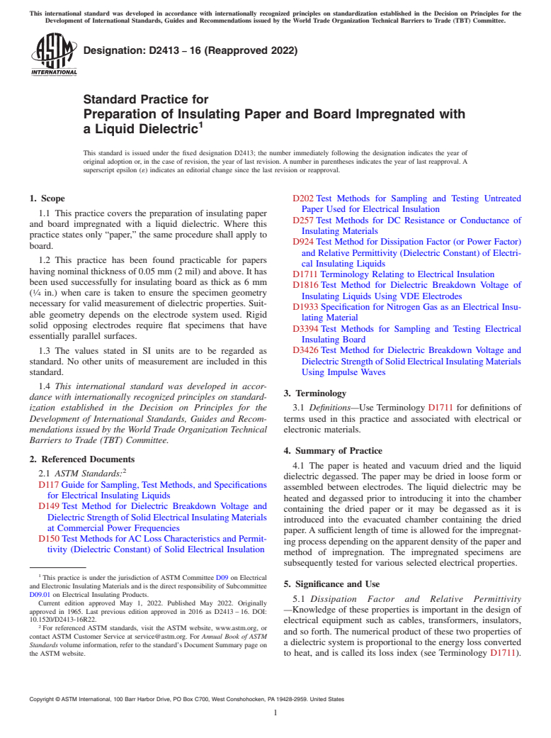 ASTM D2413-16(2022) - Standard Practice for  Preparation of Insulating Paper and Board Impregnated with   a Liquid Dielectric