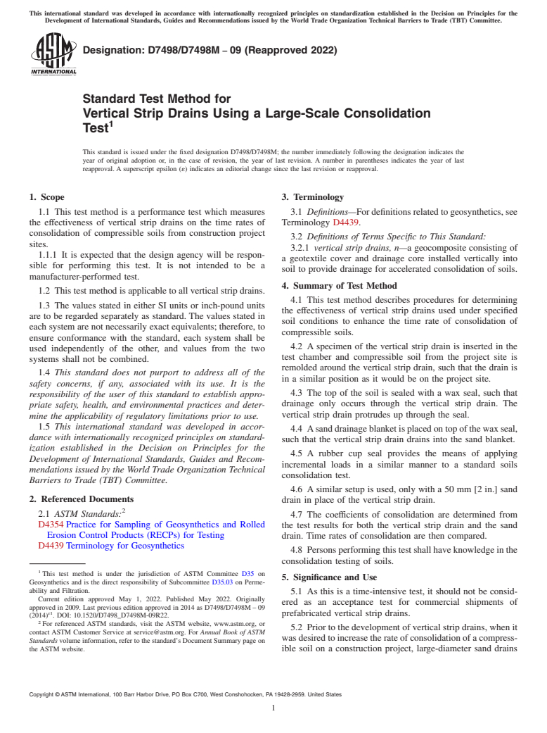 ASTM D7498/D7498M-09(2022) - Standard Test Method for  Vertical Strip Drains Using a Large-Scale Consolidation Test