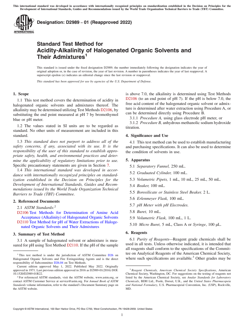 ASTM D2989-01(2022) - Standard Test Method for Acidity-Alkalinity of Halogenated Organic Solvents and<brk  /> Their Admixtures