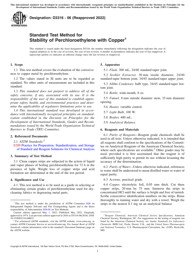 ASTM D3316-06(2022) - Standard Test Method for Stability of Perchloroethylene with Copper