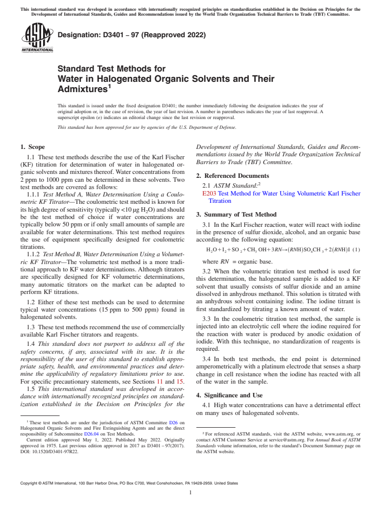 ASTM D3401-97(2022) - Standard Test Methods for Water in Halogenated Organic Solvents and Their Admixtures