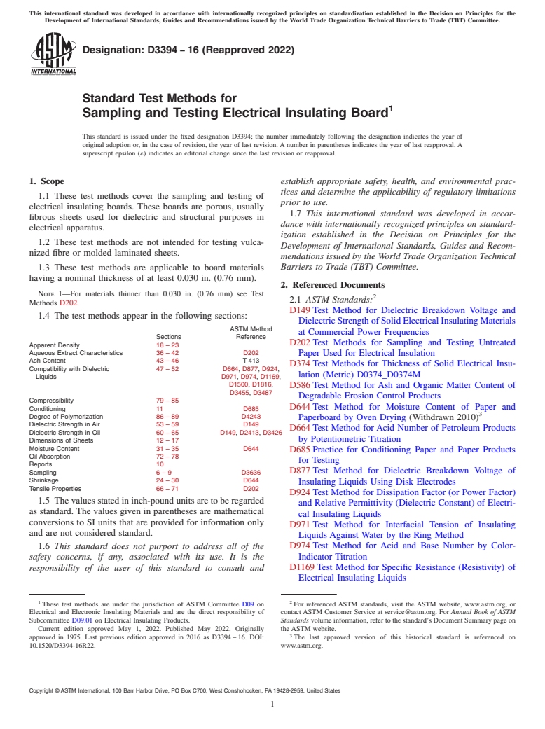 ASTM D3394-16(2022) - Standard Test Methods for  Sampling and Testing Electrical Insulating Board