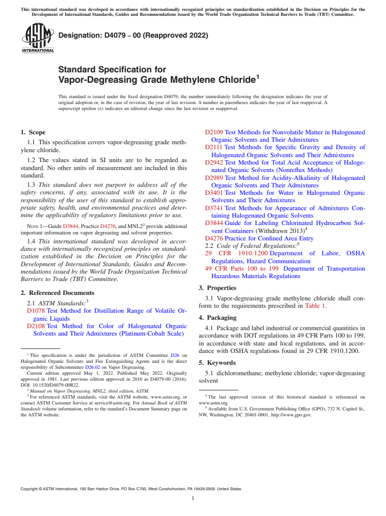 ASTM D4079-00(2022) - Standard Specification for Vapor-Degreasing Grade Methylene Chloride