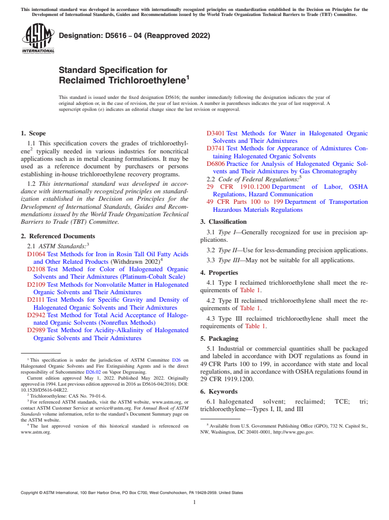 ASTM D5616-04(2022) - Standard Specification for Reclaimed Trichloroethylene