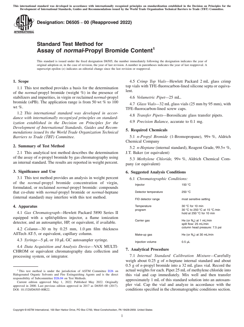 ASTM D6505-00(2022) - Standard Test Method for Assay of <emph type="bdit">normal</emph>-Propyl Bromide Content