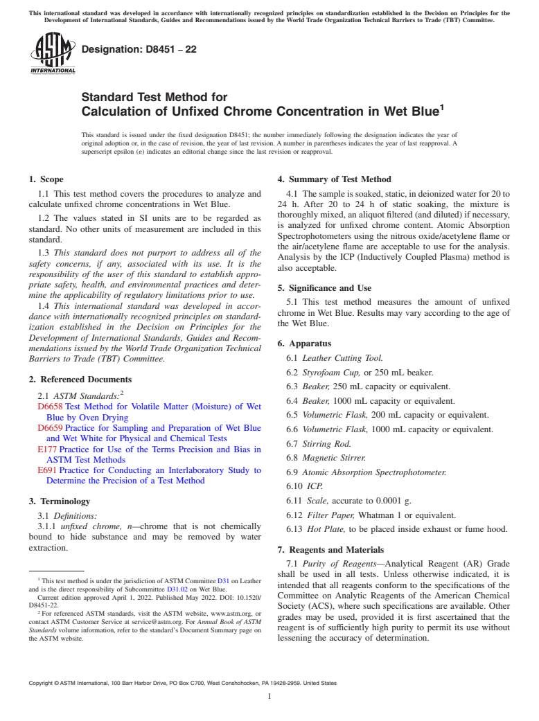 ASTM D8451-22 - Standard Test Method for Calculation of Unfixed Chrome Concentration in Wet Blue