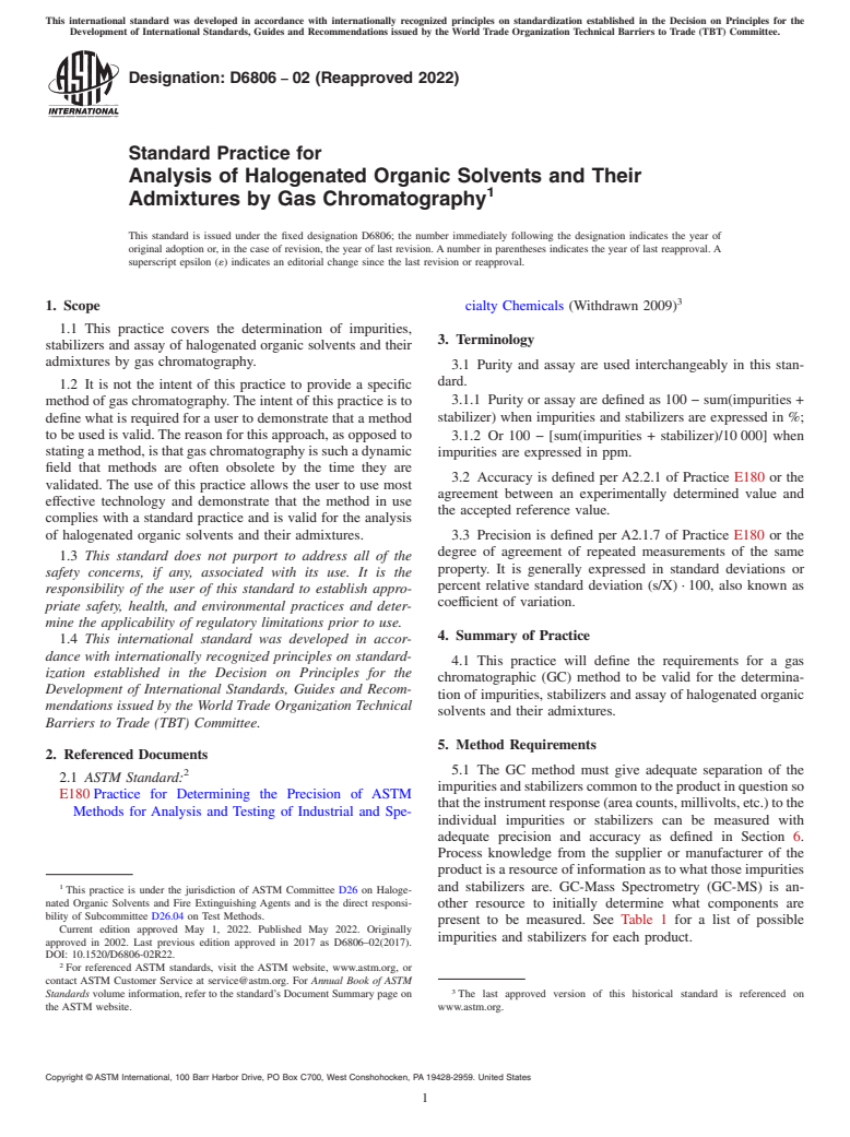 ASTM D6806-02(2022) - Standard Practice for Analysis of Halogenated Organic Solvents and Their Admixtures  by Gas Chromatography