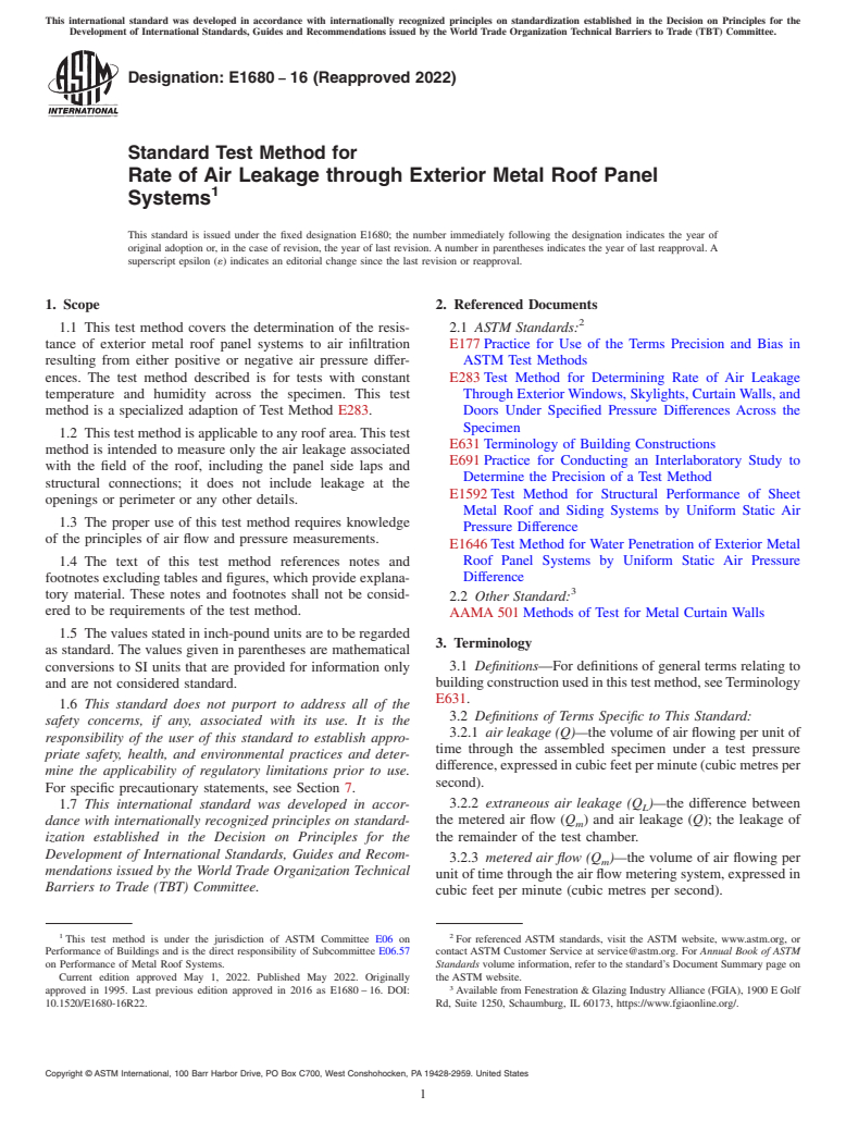 ASTM E1680-16(2022) - Standard Test Method for Rate of Air Leakage through Exterior Metal Roof Panel Systems