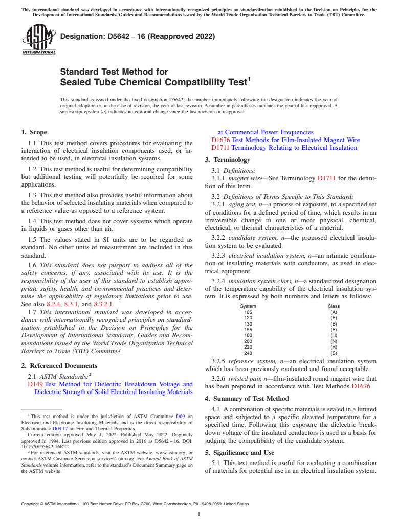 ASTM D5642-16(2022) - Standard Test Method for  Sealed Tube Chemical Compatibility Test