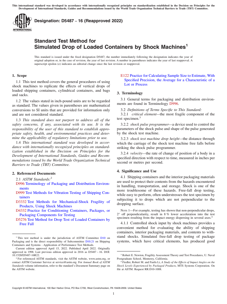 ASTM D5487-16(2022) - Standard Test Method for  Simulated Drop of Loaded Containers by Shock Machines