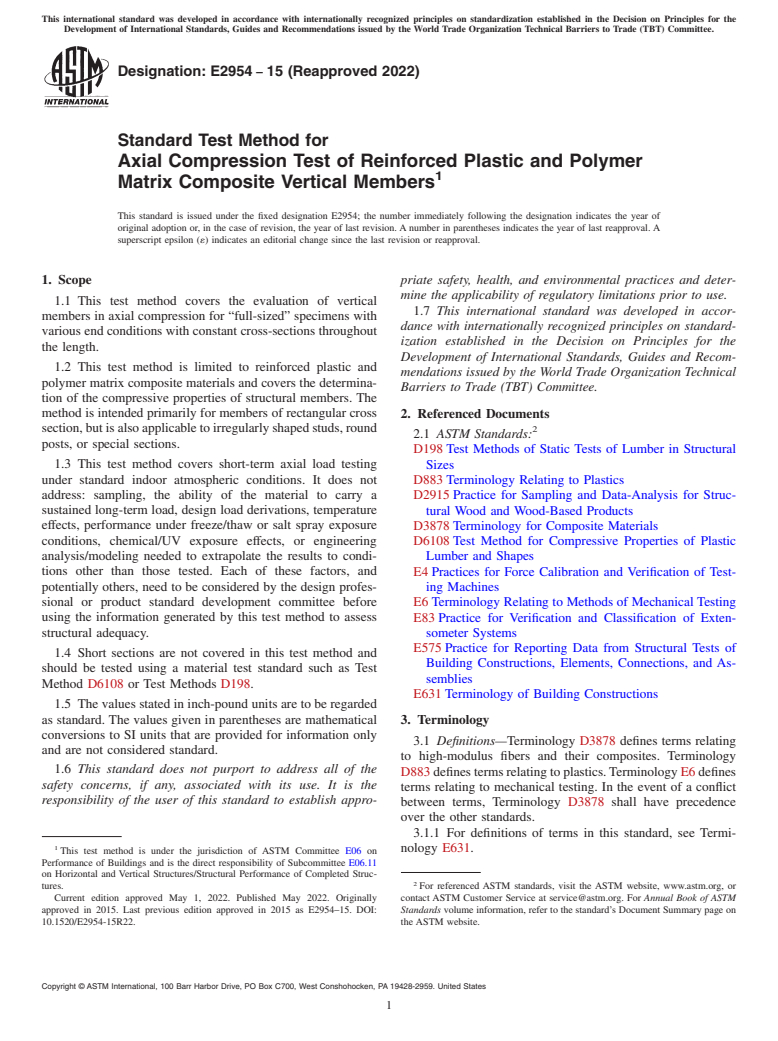 ASTM E2954-15(2022) - Standard Test Method for Axial Compression Test of Reinforced Plastic and Polymer Matrix  Composite Vertical Members