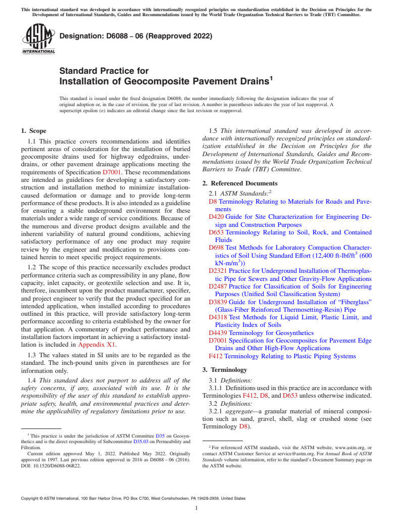 ASTM D6088-06(2022) - Standard Practice for  Installation of Geocomposite Pavement Drains