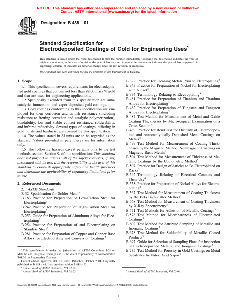 ASTM B488-01 - Standard Specification for Electrodeposited Coatings of Gold for Engineering Uses