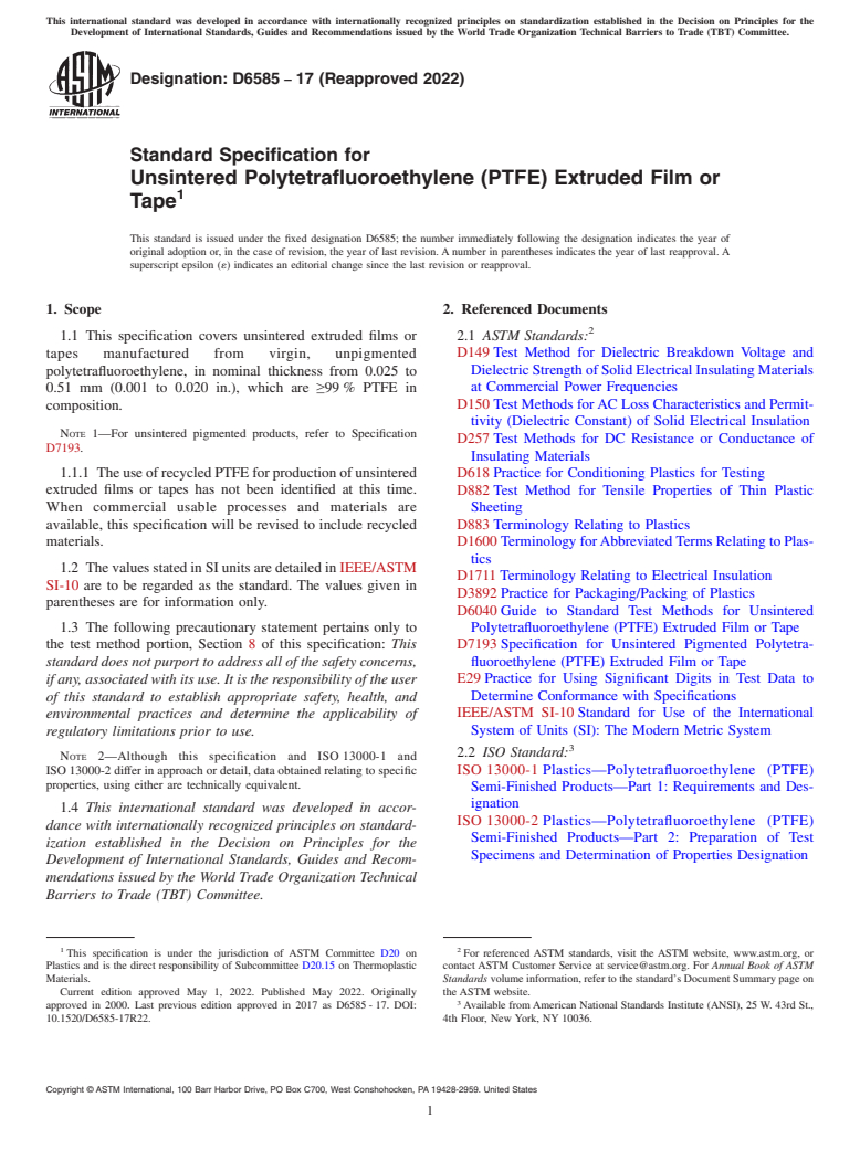 ASTM D6585-17(2022) - Standard Specification for  Unsintered Polytetrafluoroethylene (PTFE) Extruded Film or  Tape