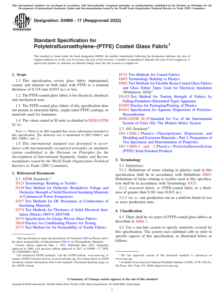 ASTM D4969-17(2022) - Standard Specification for Polytetrafluoroethylene–(PTFE) Coated Glass Fabric