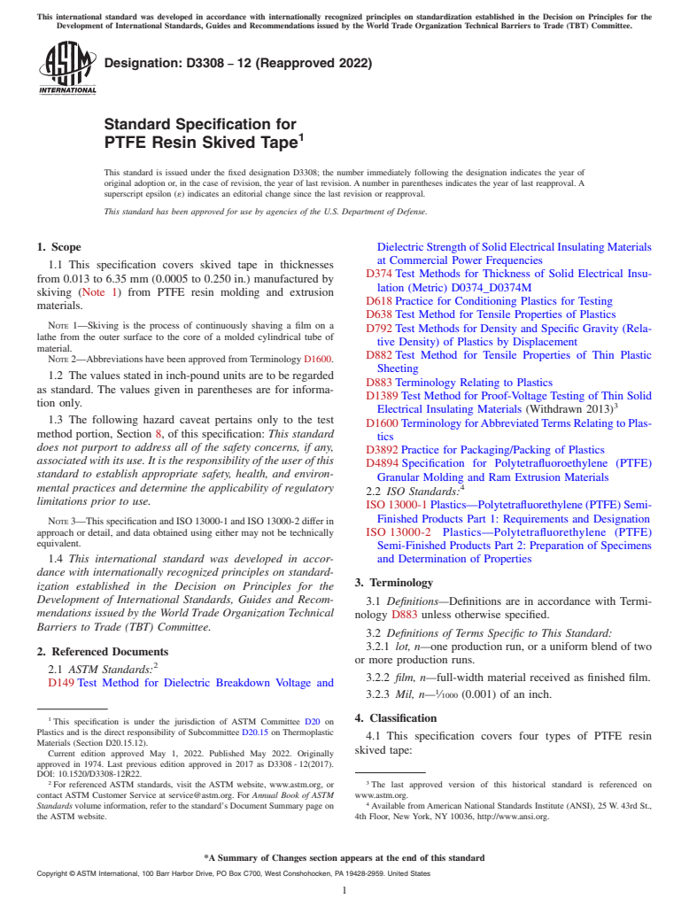 ASTM D3308-12(2022) - Standard Specification for  PTFE Resin Skived Tape