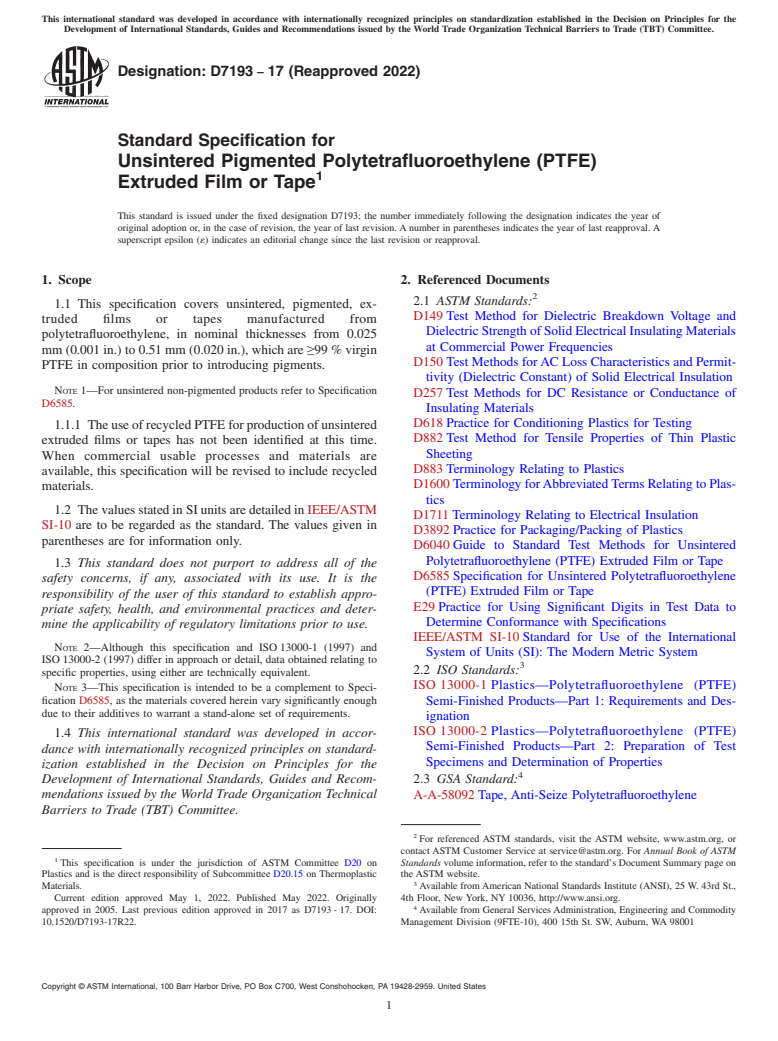 ASTM D7193-17(2022) - Standard Specification for  Unsintered Pigmented Polytetrafluoroethylene (PTFE) Extruded  Film or Tape