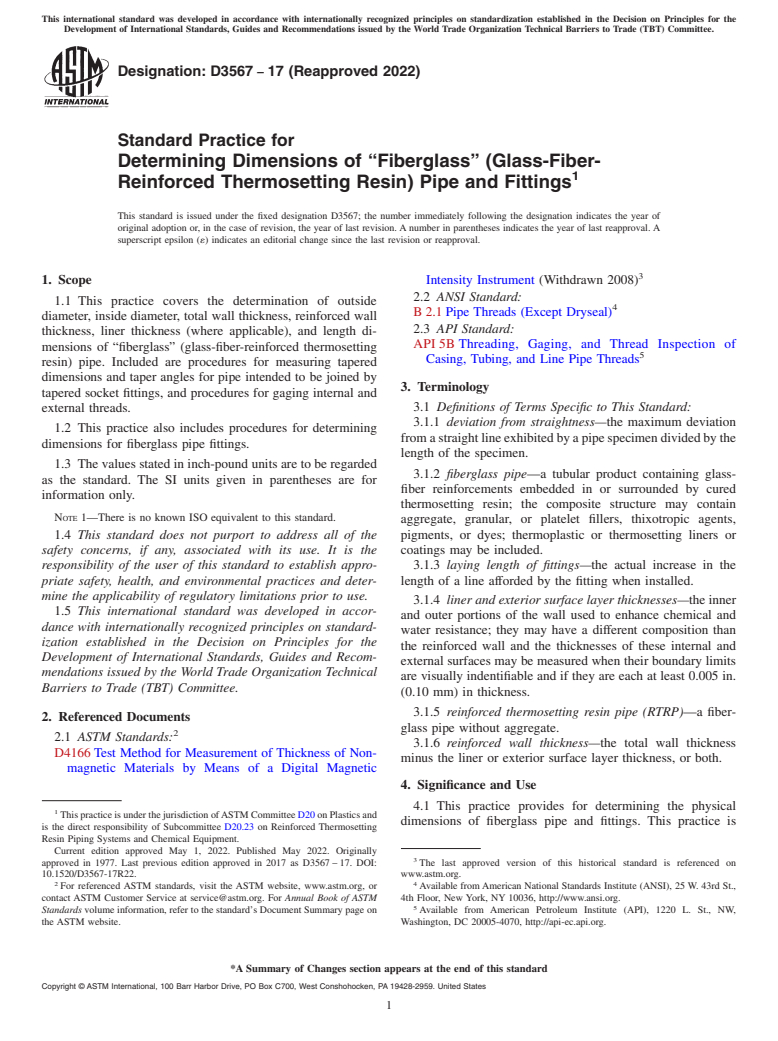 ASTM D3567-17(2022) - Standard Practice for Determining Dimensions of “Fiberglass” (Glass-Fiber-Reinforced  Thermosetting Resin) Pipe and Fittings