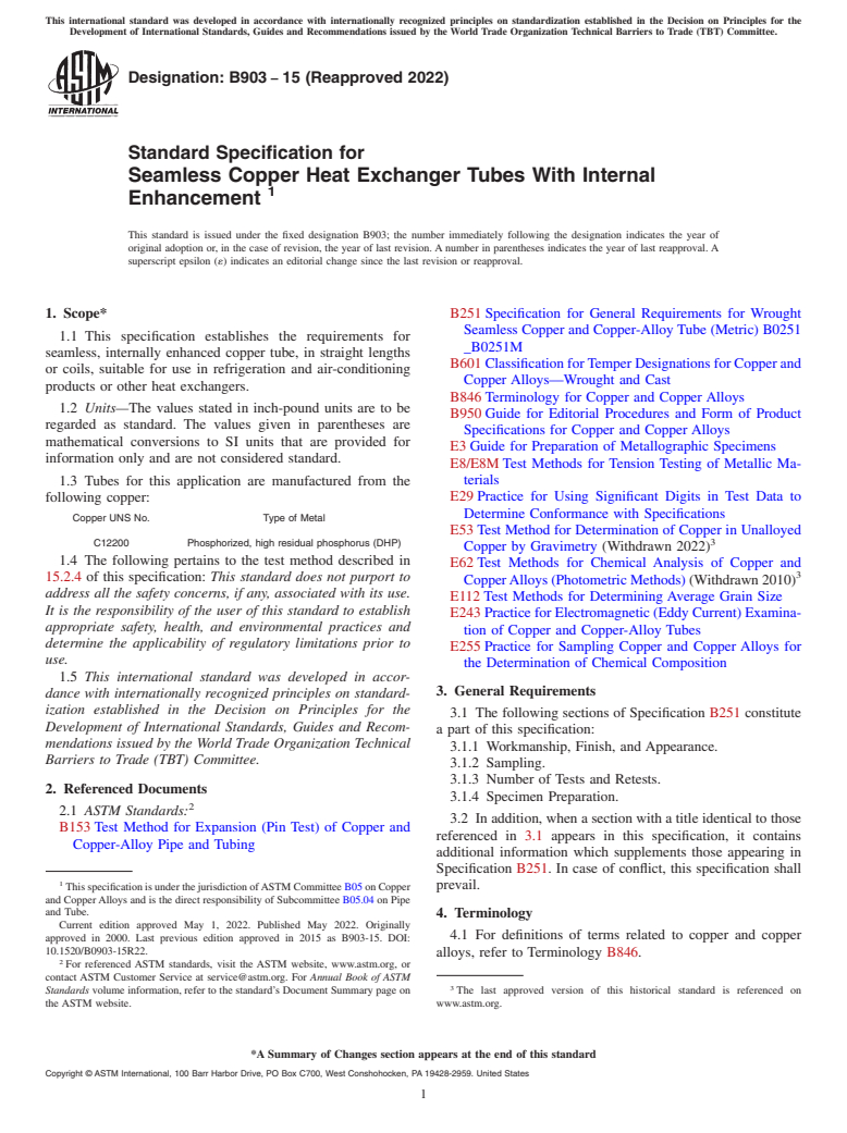 ASTM B903-15(2022) - Standard Specification for Seamless Copper Heat Exchanger Tubes With Internal Enhancement