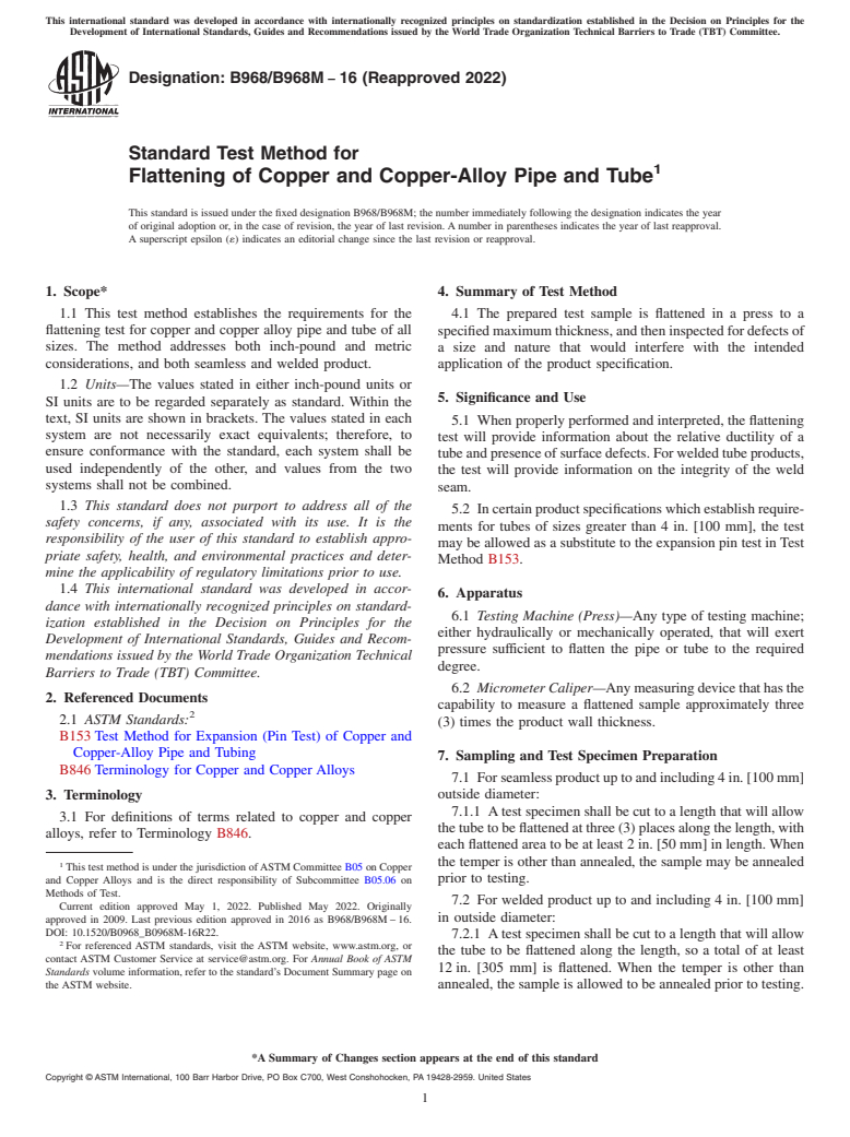 ASTM B968/B968M-16(2022) - Standard Test Method for Flattening of Copper and Copper-Alloy Pipe and Tube