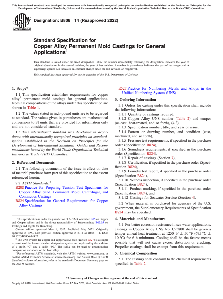 ASTM B806-14(2022) - Standard Specification for Copper Alloy Permanent Mold Castings for General Applications