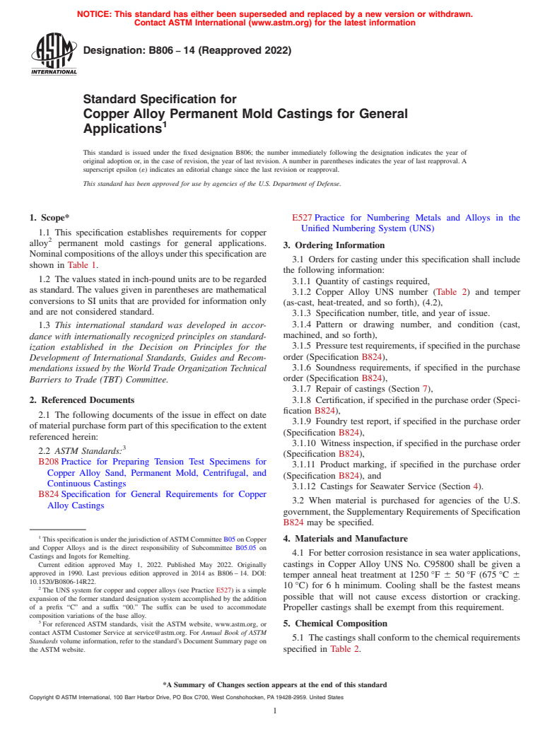 ASTM B806-14(2022) - Standard Specification for Copper Alloy Permanent Mold Castings for General Applications