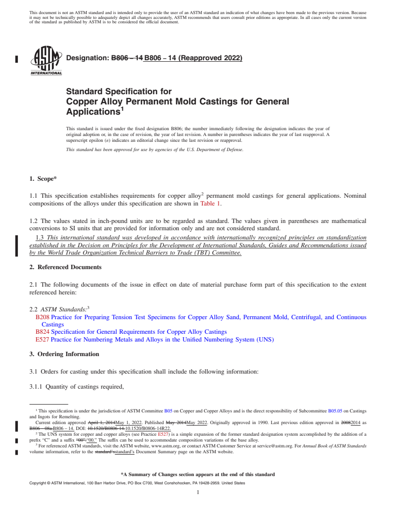 REDLINE ASTM B806-14(2022) - Standard Specification for Copper Alloy Permanent Mold Castings for General Applications