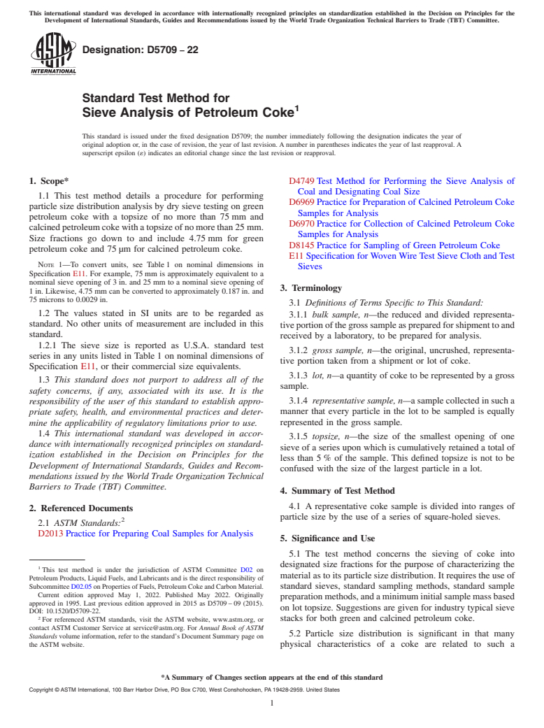 ASTM D5709-22 - Standard Test Method for  Sieve Analysis of Petroleum Coke