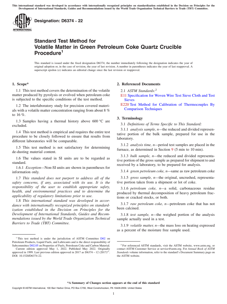ASTM D6374-22 - Standard Test Method for  Volatile Matter in Green Petroleum Coke Quartz Crucible Procedure