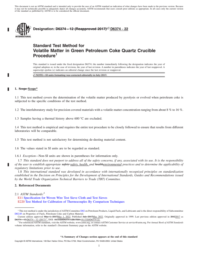 REDLINE ASTM D6374-22 - Standard Test Method for  Volatile Matter in Green Petroleum Coke Quartz Crucible Procedure