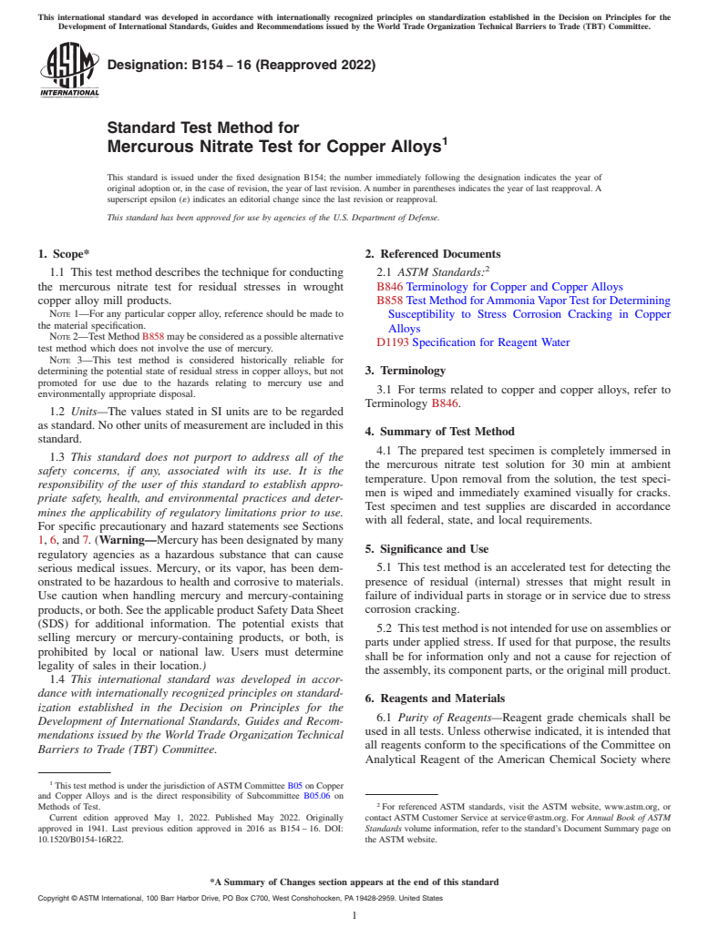 ASTM B154-16(2022) - Standard Test Method for Mercurous Nitrate Test for Copper Alloys