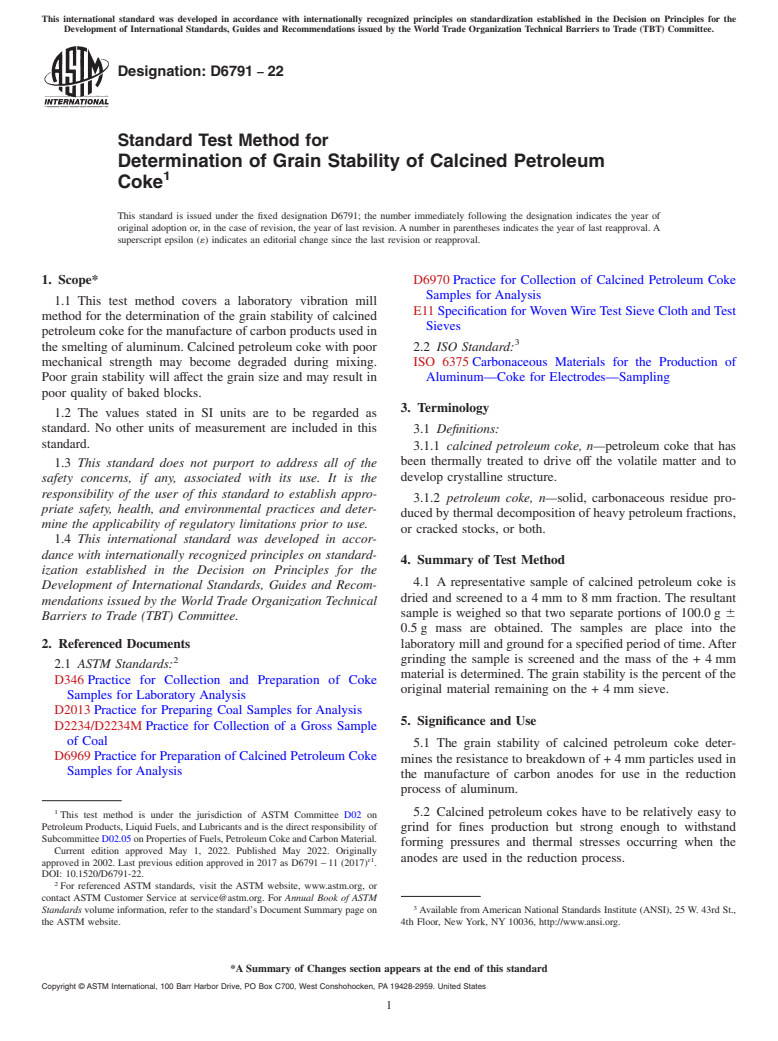 ASTM D6791-22 - Standard Test Method for  Determination of Grain Stability of Calcined Petroleum Coke
