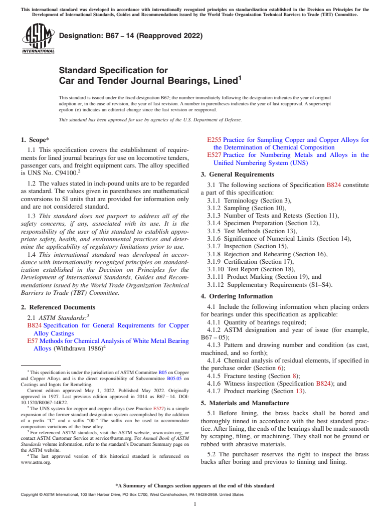 ASTM B67-14(2022) - Standard Specification for Car and Tender Journal Bearings, Lined