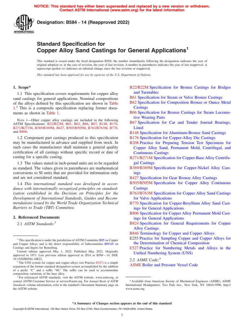 ASTM B584-14(2022) - Standard Specification for Copper Alloy Sand Castings for General Applications