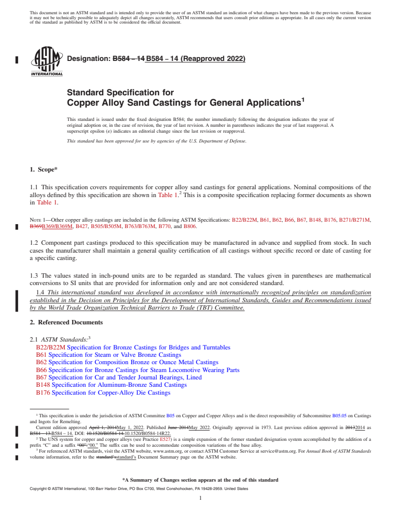 REDLINE ASTM B584-14(2022) - Standard Specification for Copper Alloy Sand Castings for General Applications