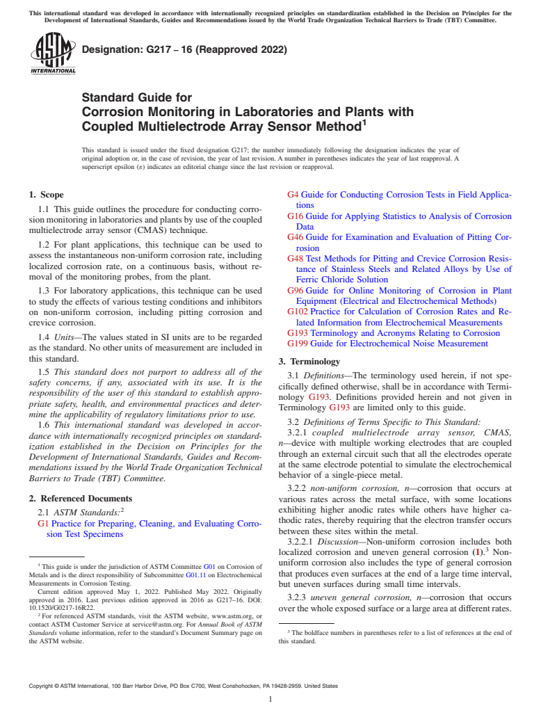 ASTM G217-16(2022) - Standard Guide for Corrosion Monitoring in Laboratories and Plants with Coupled  Multielectrode Array Sensor Method